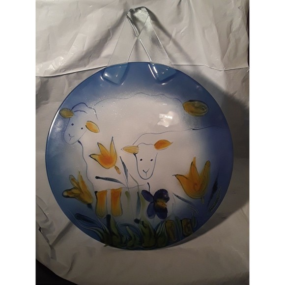 Primitive Art Glass,Wall Hanging, Sheep and Flowers , signed - Picture 1 of 5